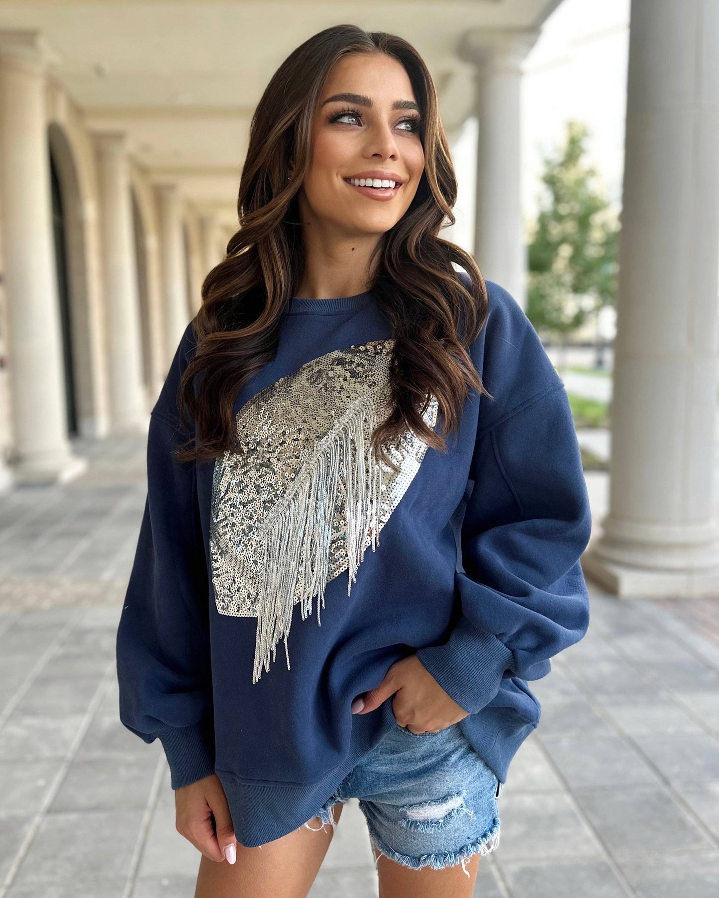 Live Love Gameday® - Navy/Silver Sequin Fringe Football Pullover: Large