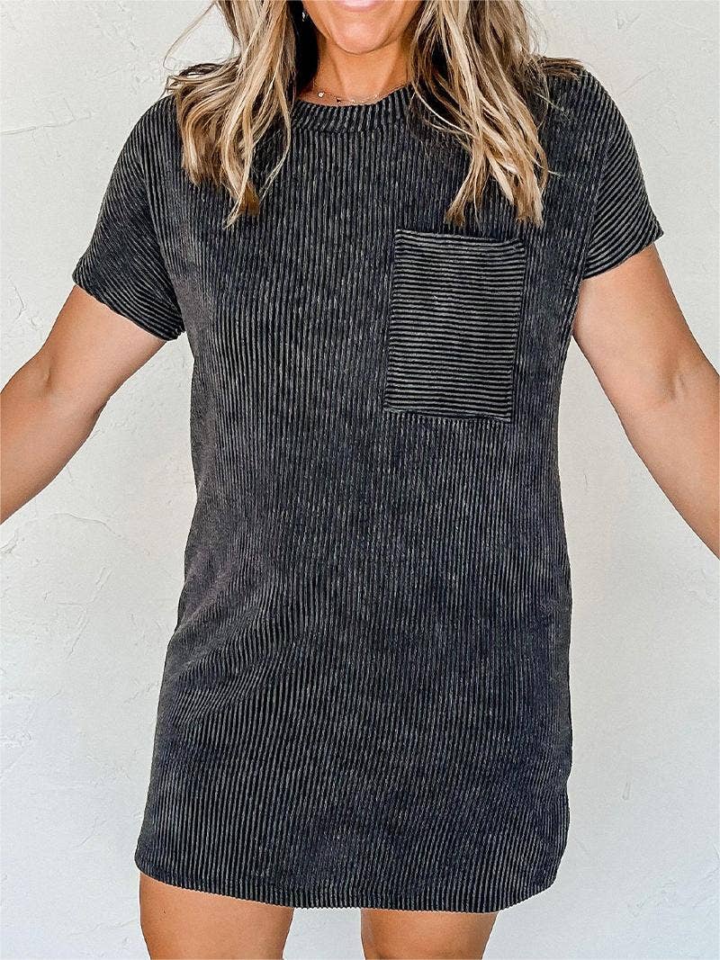 detailed view of Striped ribbed knit T-shirt shift dress with patch pocket