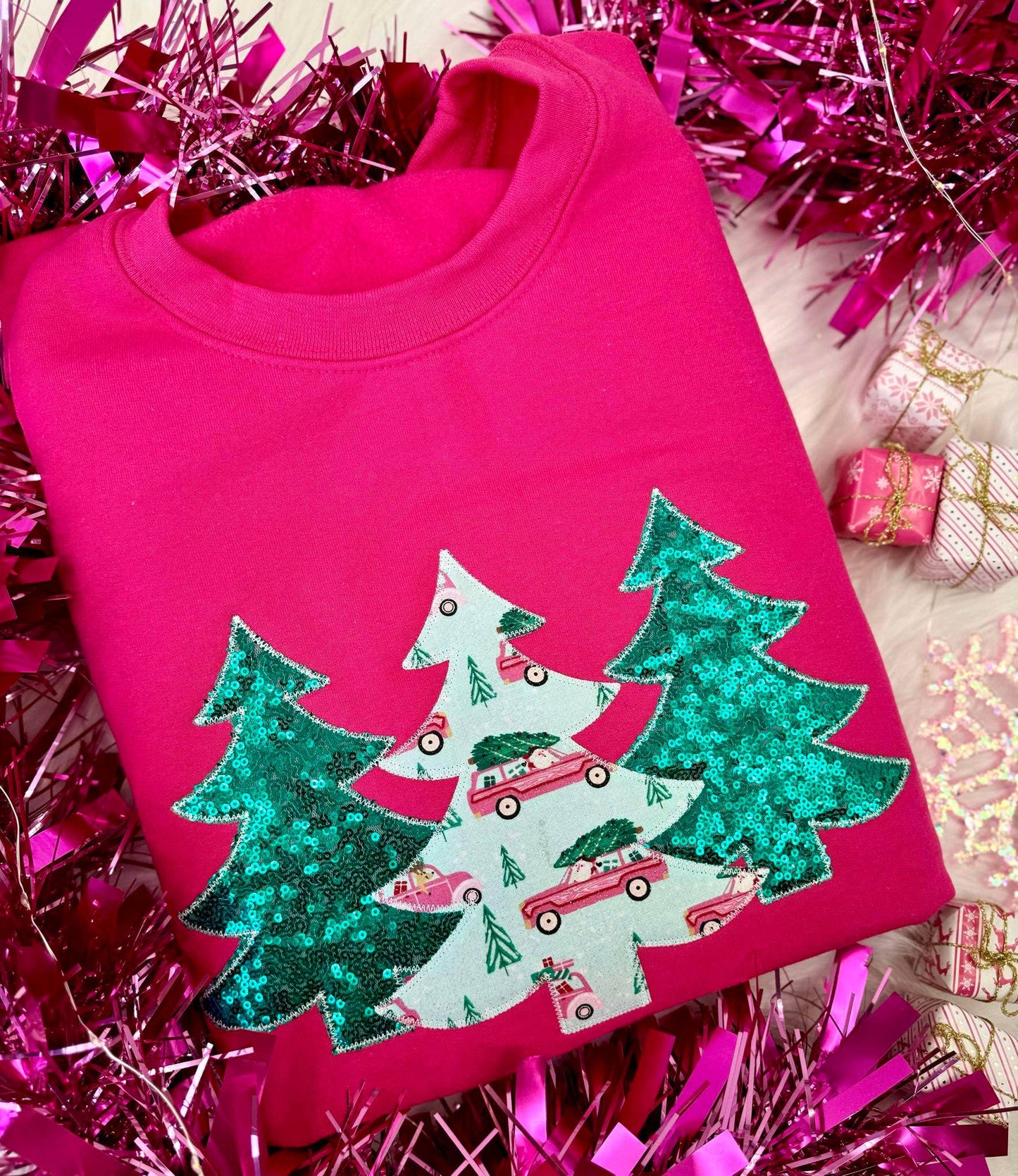 Pink Preppy Christmas Trio Embroidered Crewneck