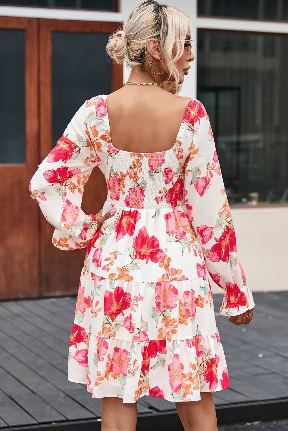 Red Smocked Tiered Floral Dress: Red