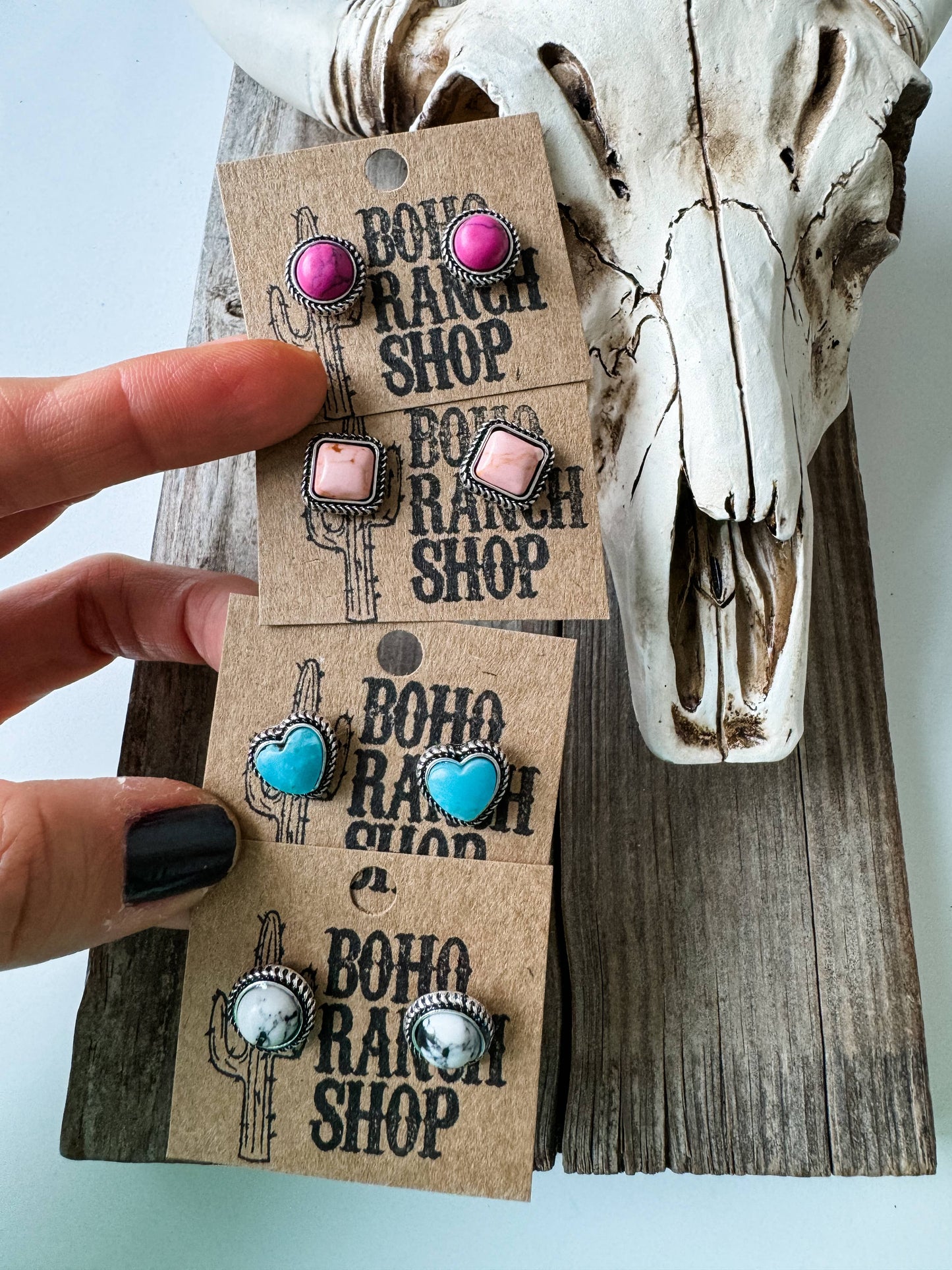 Boho Ranch Shop - Western Mini Stone Stud Earrings - Heart Square Circle Bar: SQUARE - WHITE