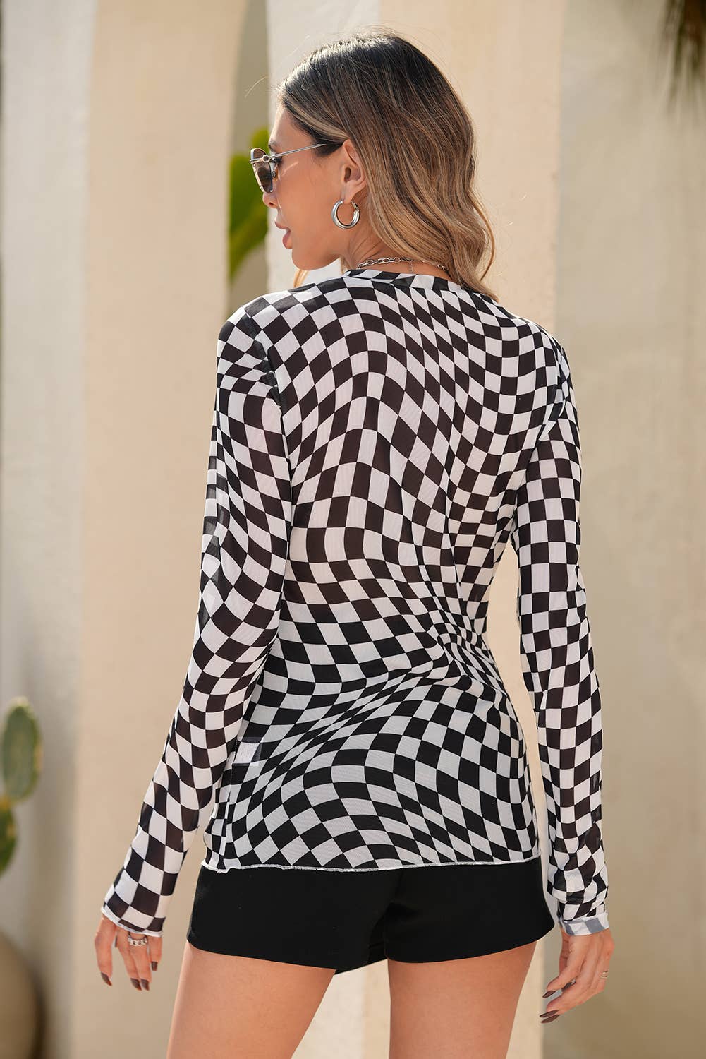 Checkered Pattern Mesh Mock Neck Long Sleeve Top: