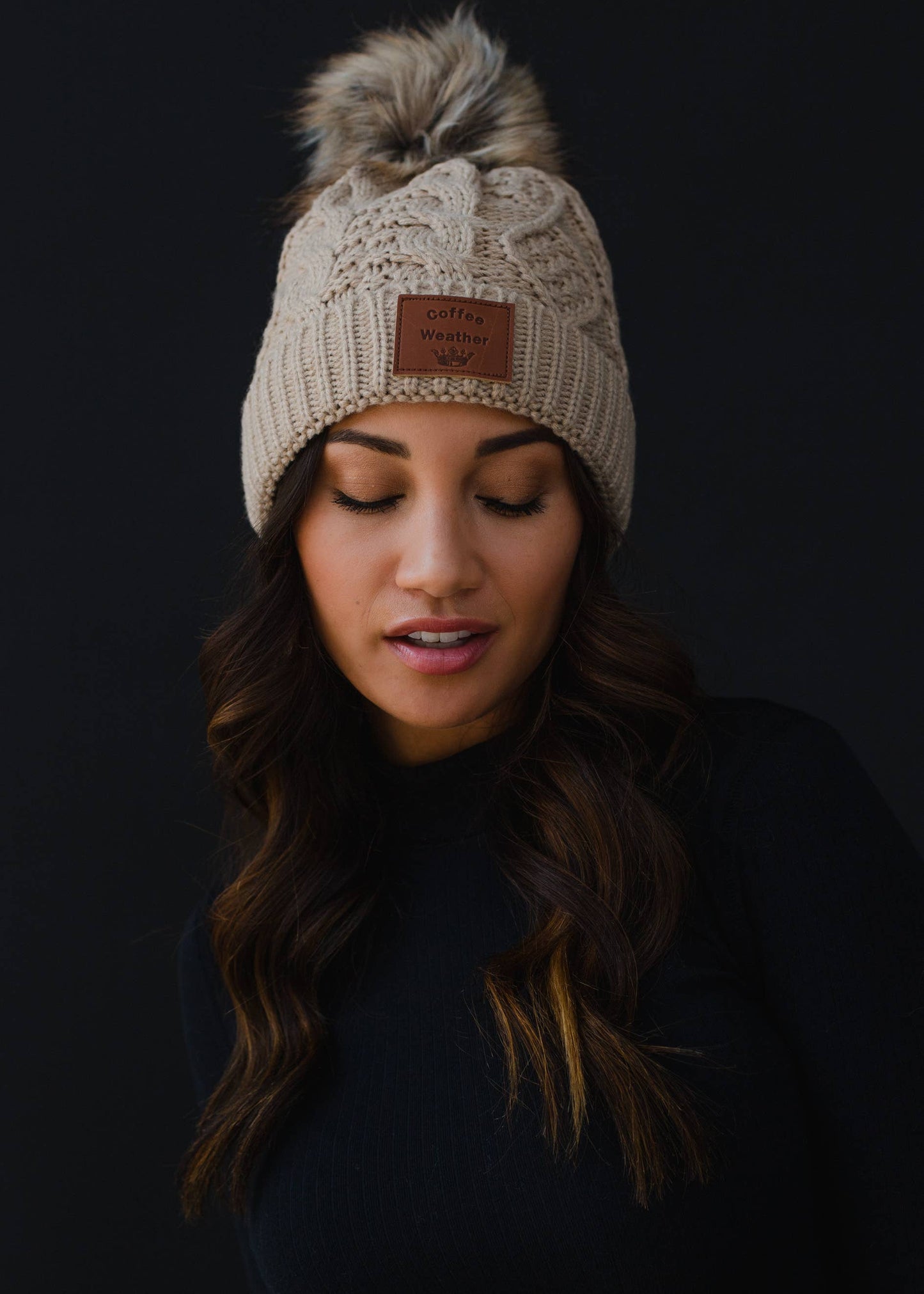 Tan Cable Knit Pom Hat w/ Coffee Weather Patch