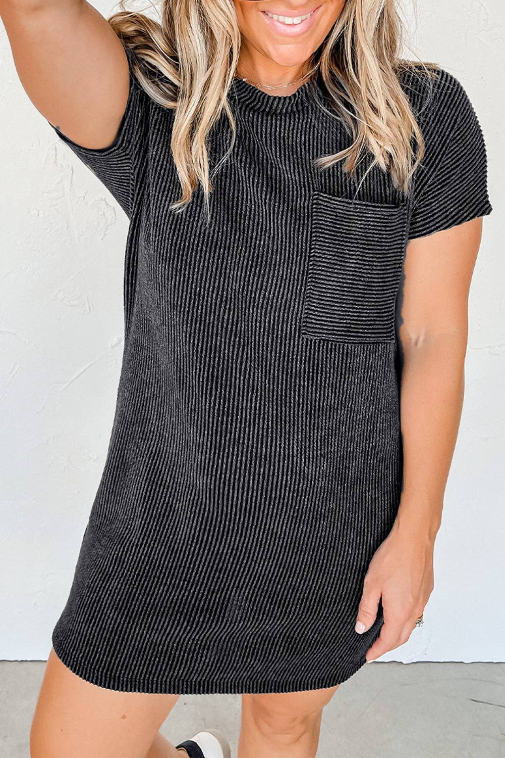 zoomed out styled view of Striped ribbed knit T-shirt shift dress with patch pocket