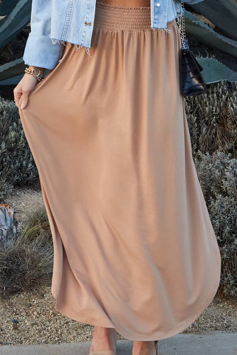 NINEXIS - CWBLS041_SMOCKING WAIST MAXI SKIRT WITH SIDE POCKET: Black / (S) 1