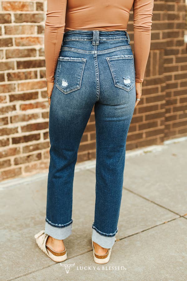 Dark Wash Tummy Control Boyfriend Jeans: