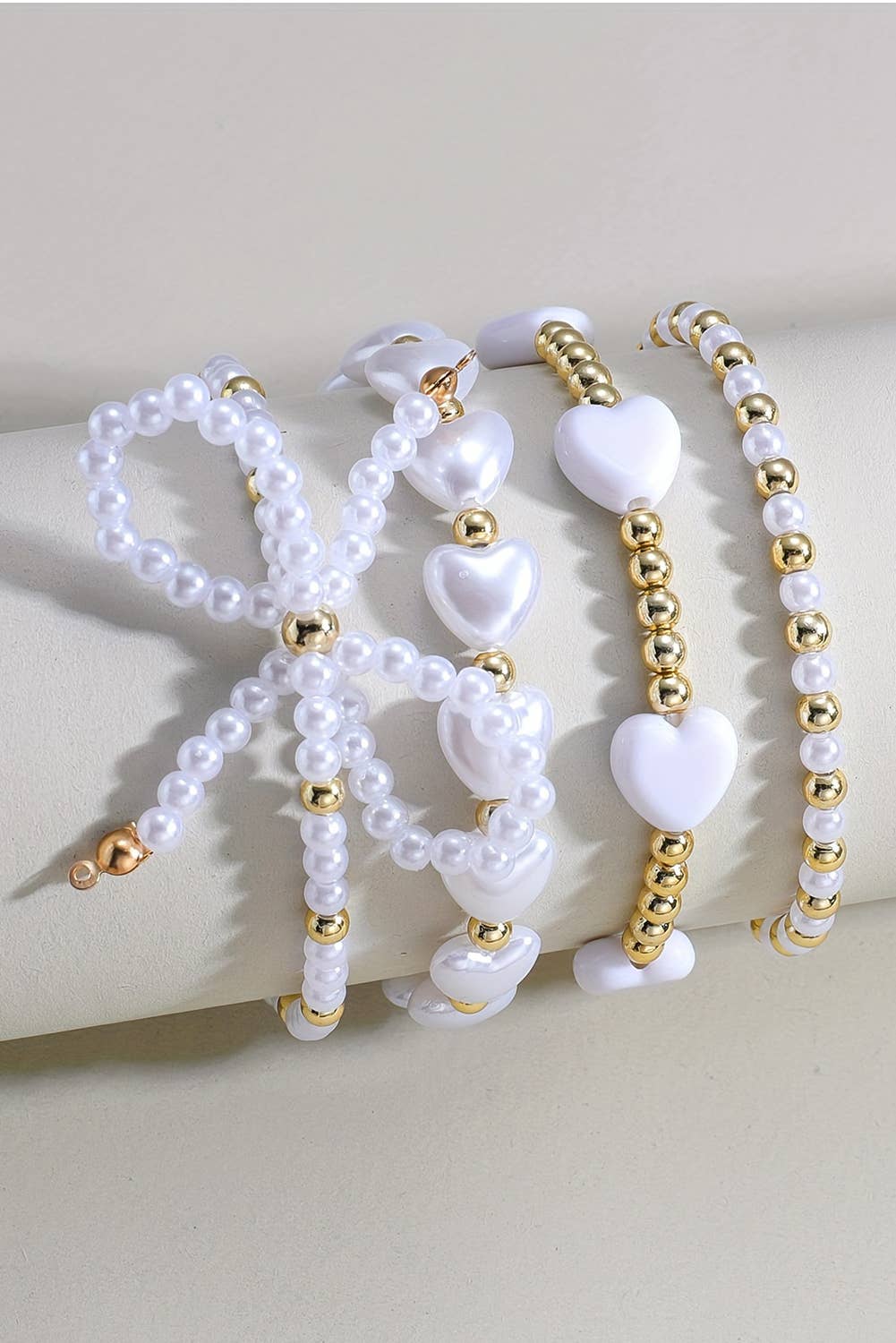 Bow Knot Heart Shape Faux Pearl Beaded Bracelet Set: White