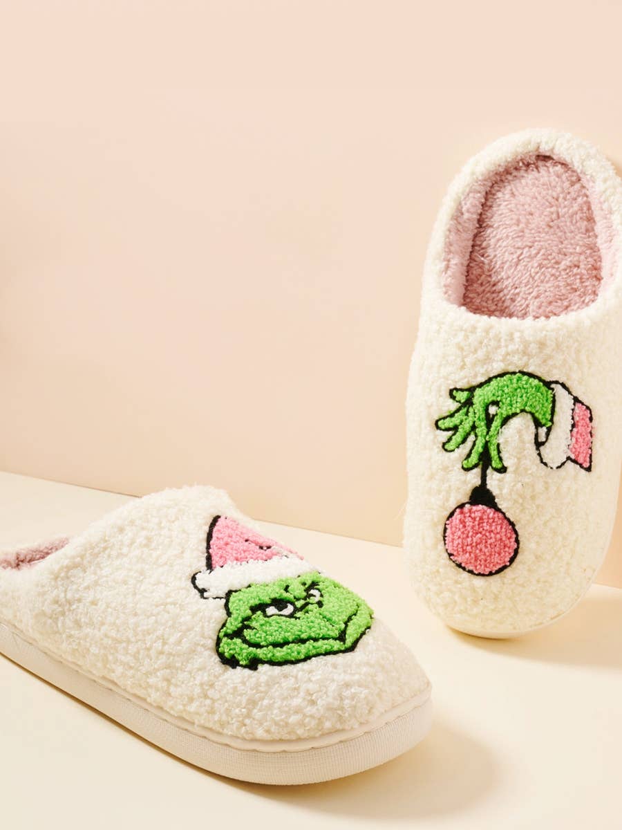 Love and Repeat - Christmas Green Monster Fuzzy Fleece Soft Slipper : IVORY / ONE