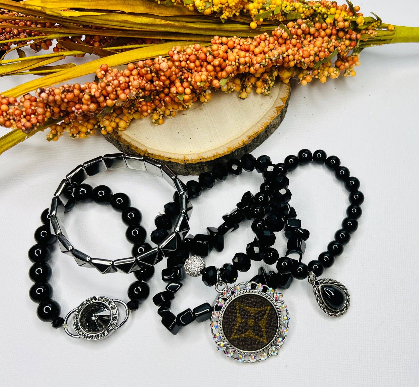 Bleu Olive Designs - Black Upcycled LV Stretch Bracelet Set