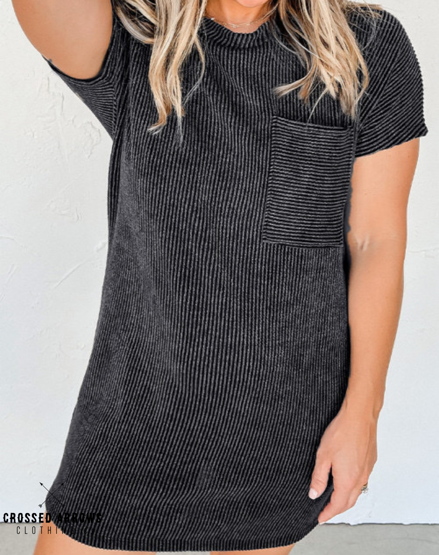 Ribbed T-shirt dress with large pocket from Crossed Arrows Clothing