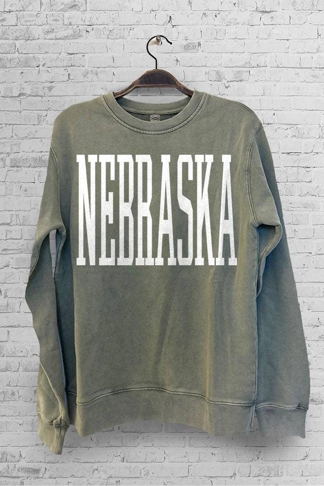 Nebraska Washed Sweatshirts: OLIVE