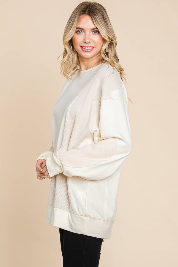 other side view of Ivory Mineral Wash Thermo Sweatshirt - French terry with long sleeves and thermo contrast details