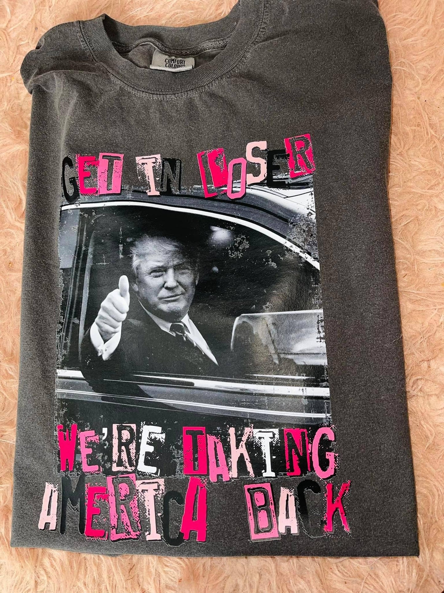 single view of Ivory 'Get in Loser We’re Saving America' Trump Tee Shirt