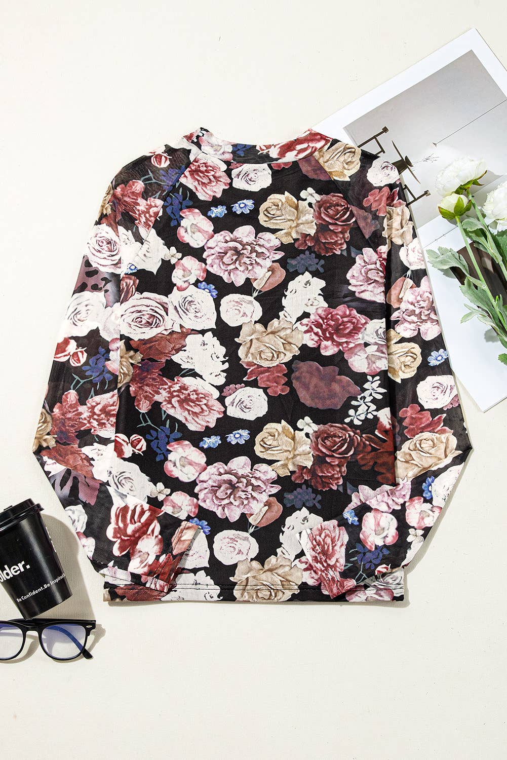 Mesh Floral Print Mock Neck Long Sleeve Slim Top