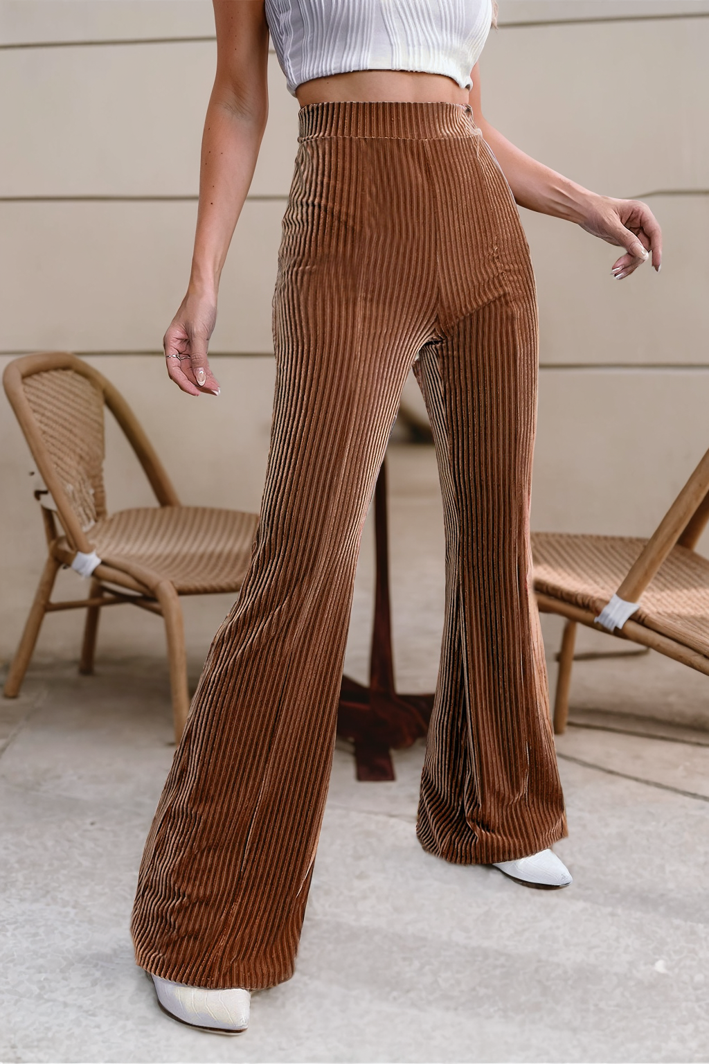 Solid Color High Waist Flare Corduroy Pants