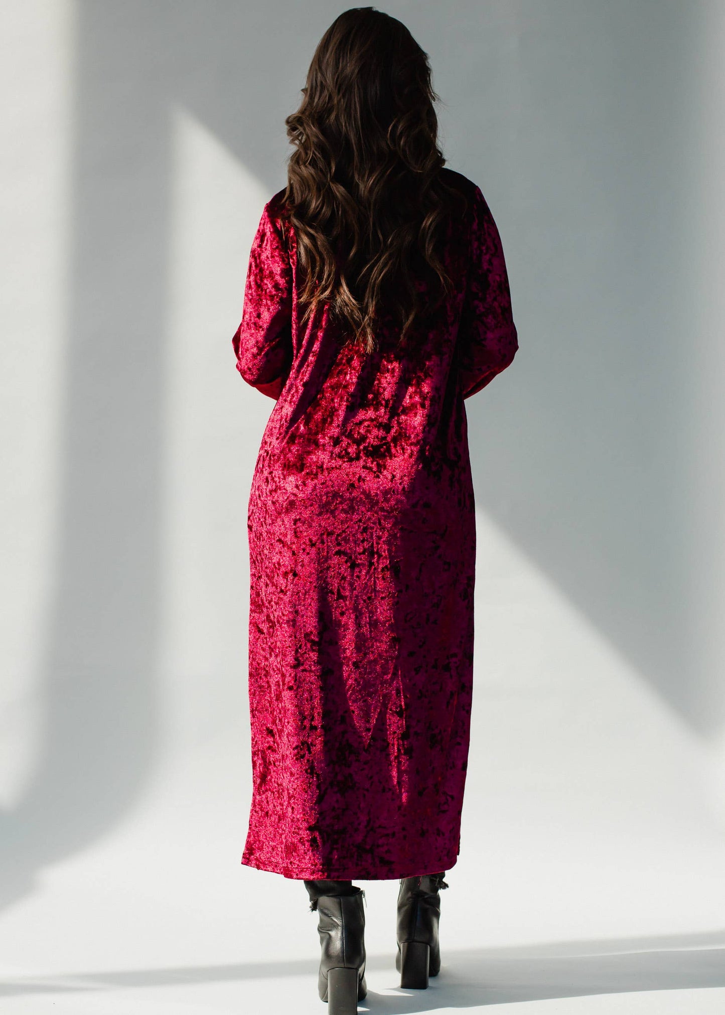 back view of Wine Velvet Duster Cardigan with Decorative Printed Lining
