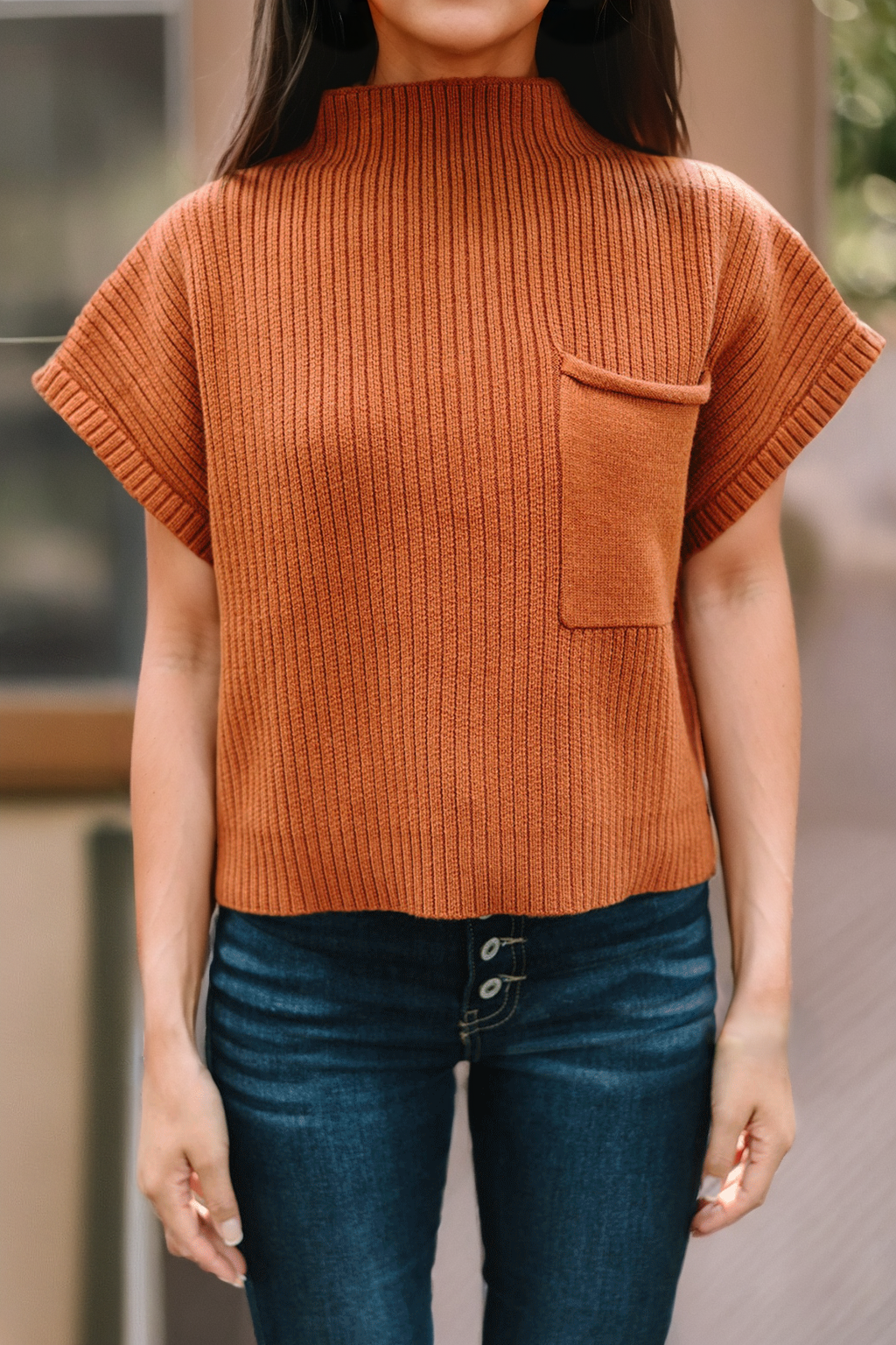 orange view of Patch Pocket Ribbed Knit Short Sleeve Sweater in solid pattern, with high neckline and casual style.