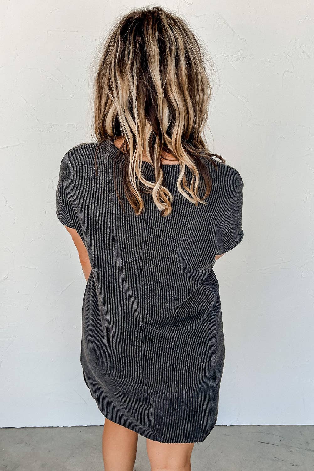 another back view of Striped ribbed knit T-shirt shift dress with patch pocket