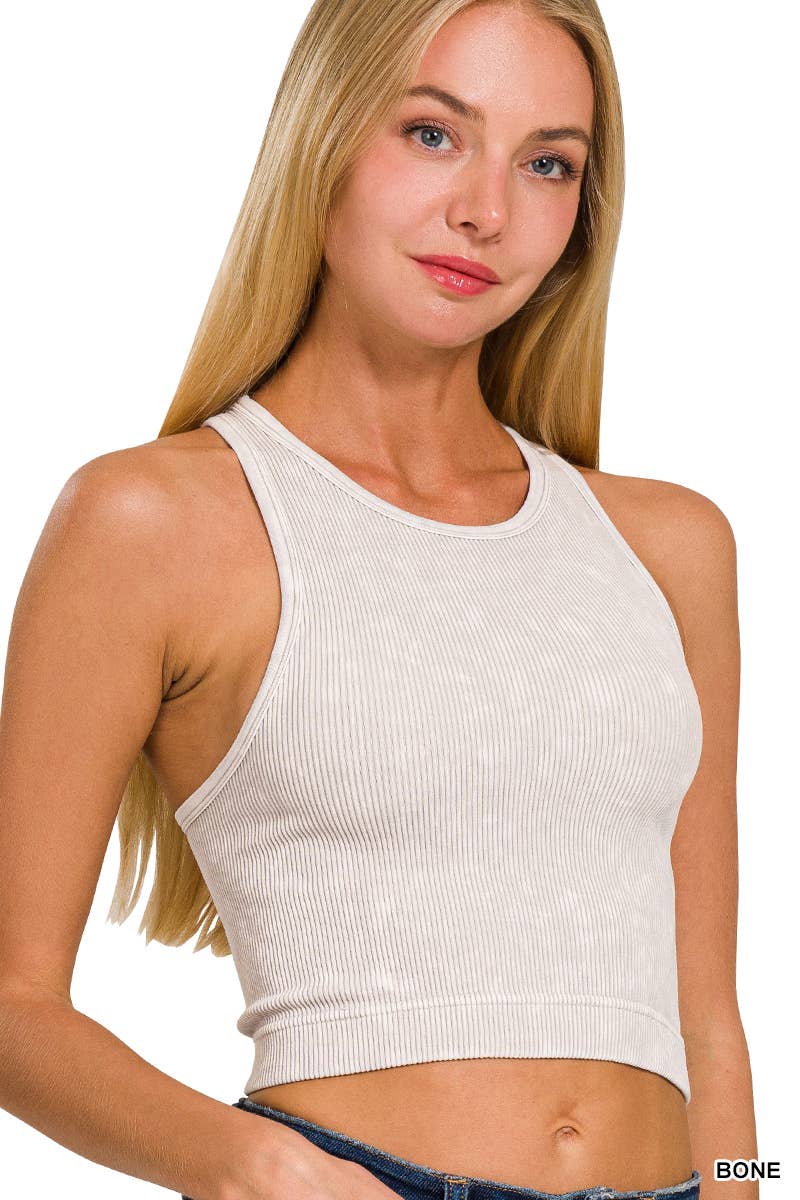 off white view of Black Washed Ribbed Seamless High-Neck Racerback Crop Tank Top