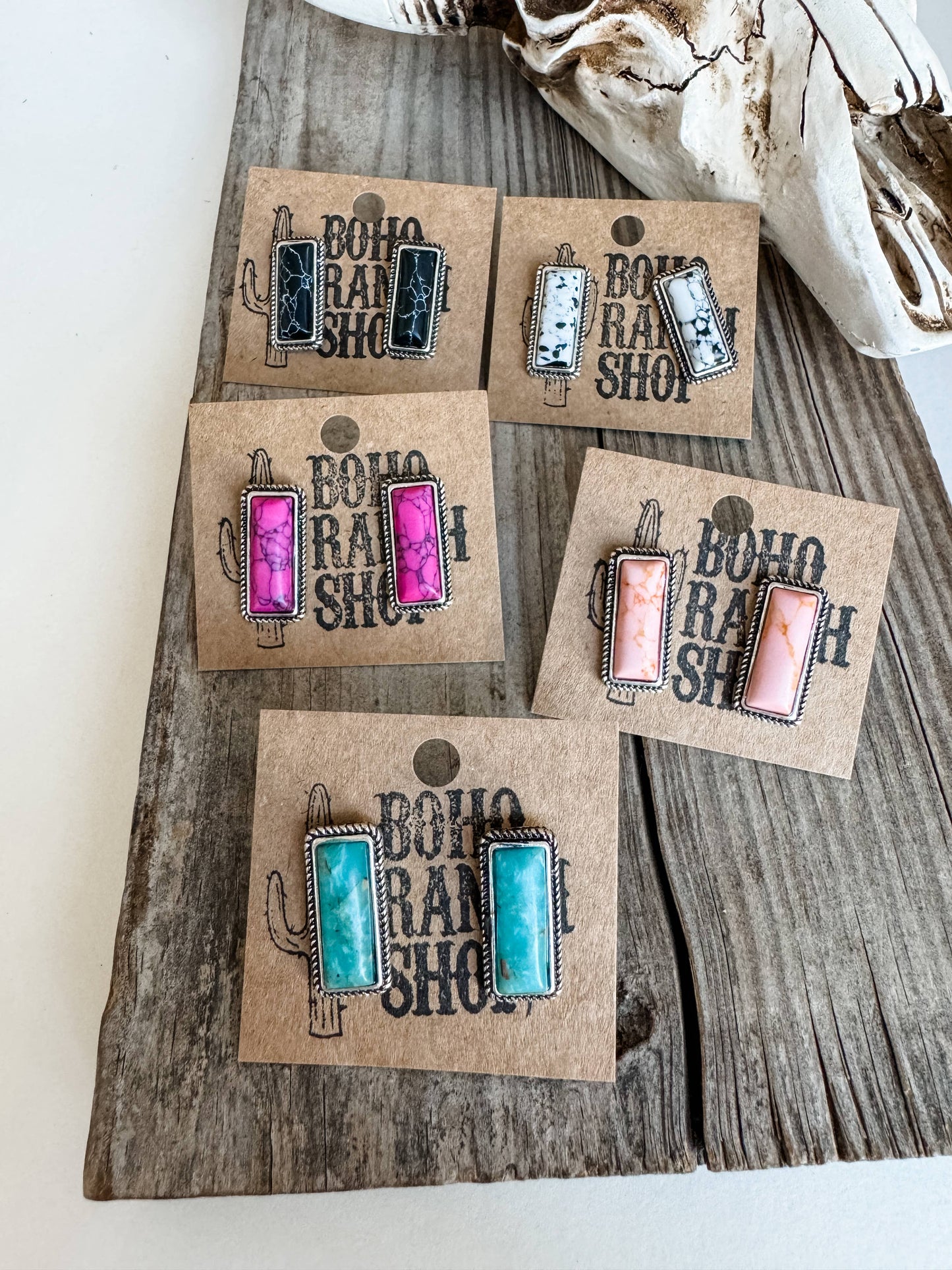 Boho Ranch Shop - Western Mini Stone Stud Earrings - Heart Square Circle Bar: SQUARE - WHITE