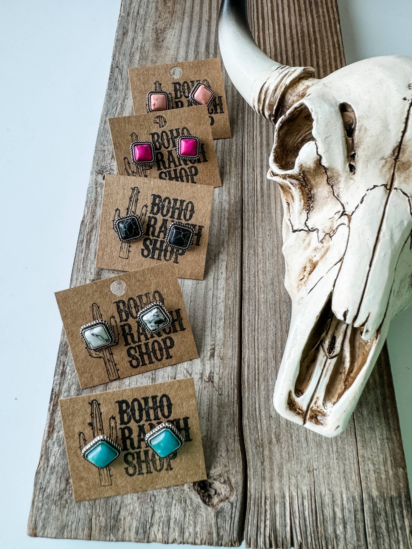 Boho Ranch Shop - Western Mini Stone Stud Earrings - Heart Square Circle Bar: SQUARE - WHITE