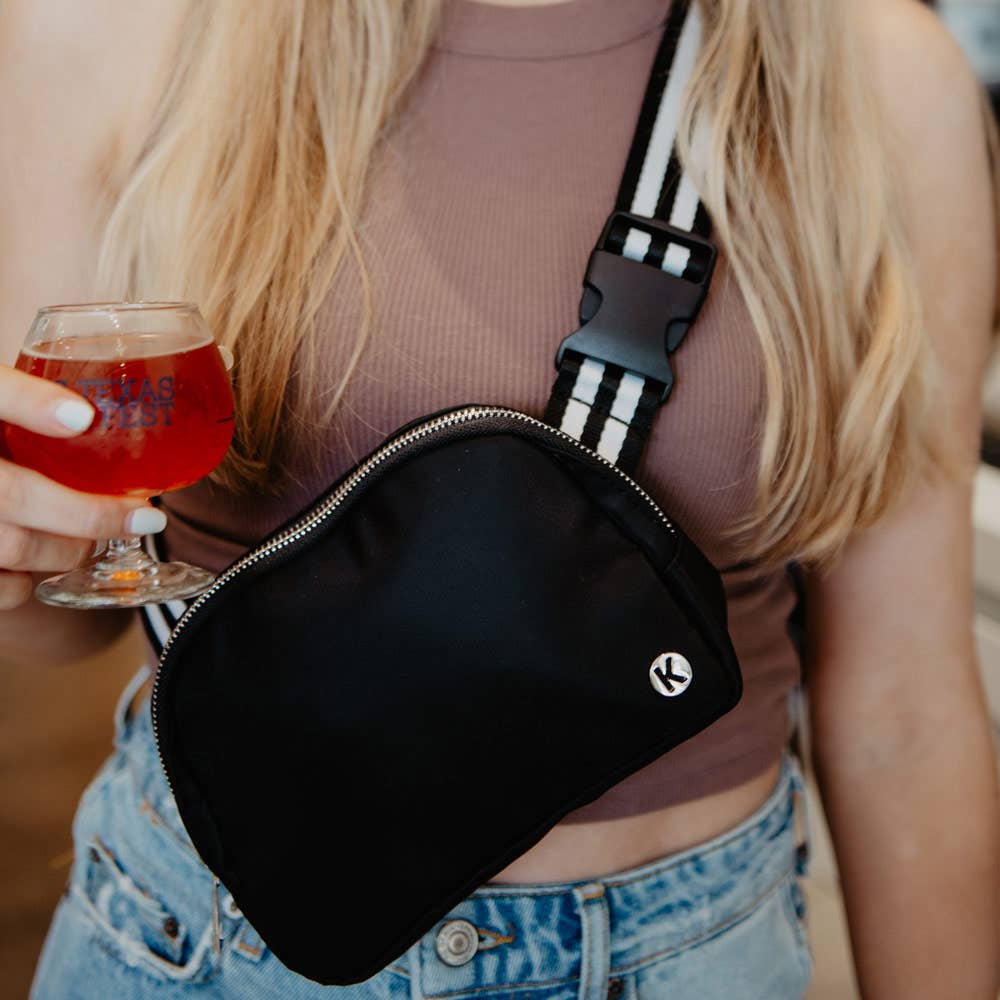 Katydid - Black Solid Belt Bag with Striped Strap: Black / OS