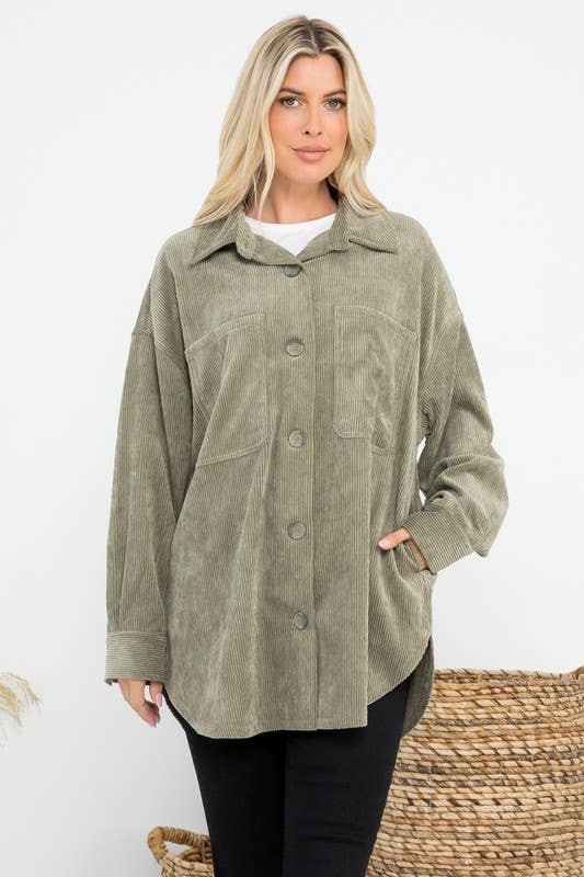 Oversized 4 Pockets Corduroy Shacket: Blue / L