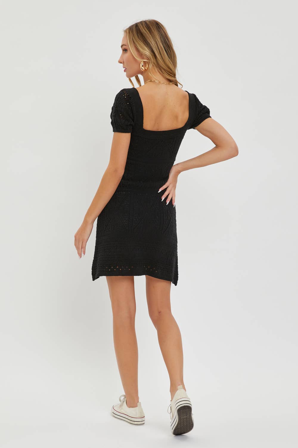 back view of Black crochet knit short dress with square neckline and short sleeves