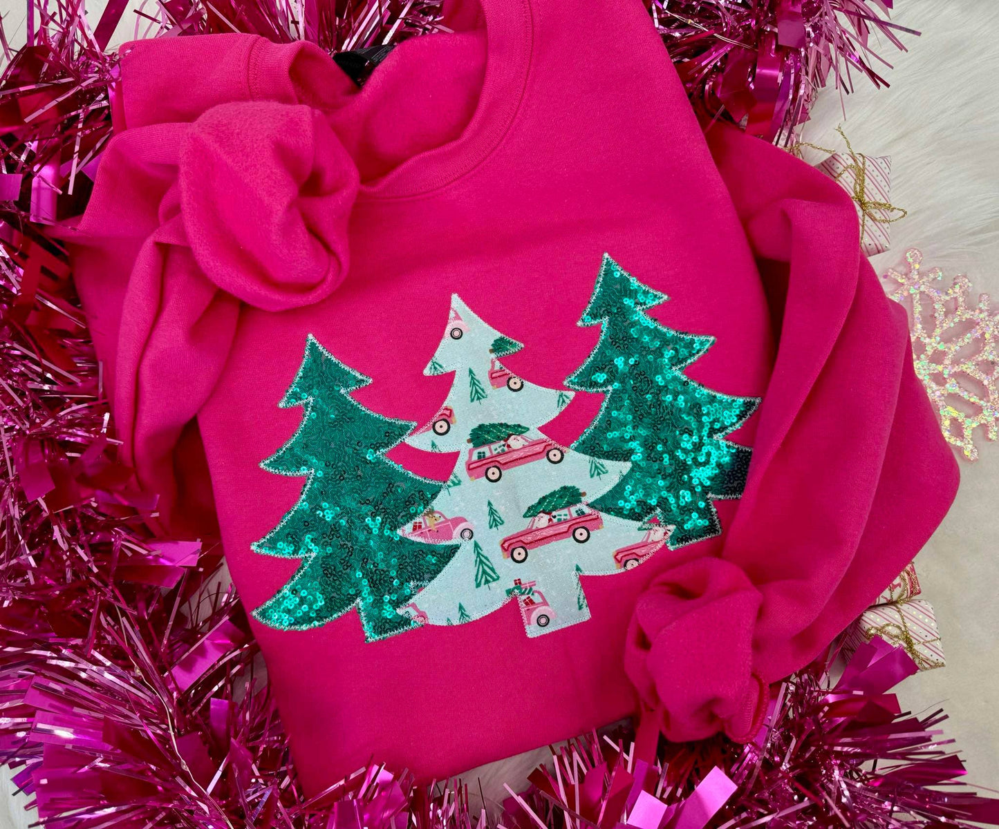 Pink Preppy Christmas Trio Embroidered Crewneck