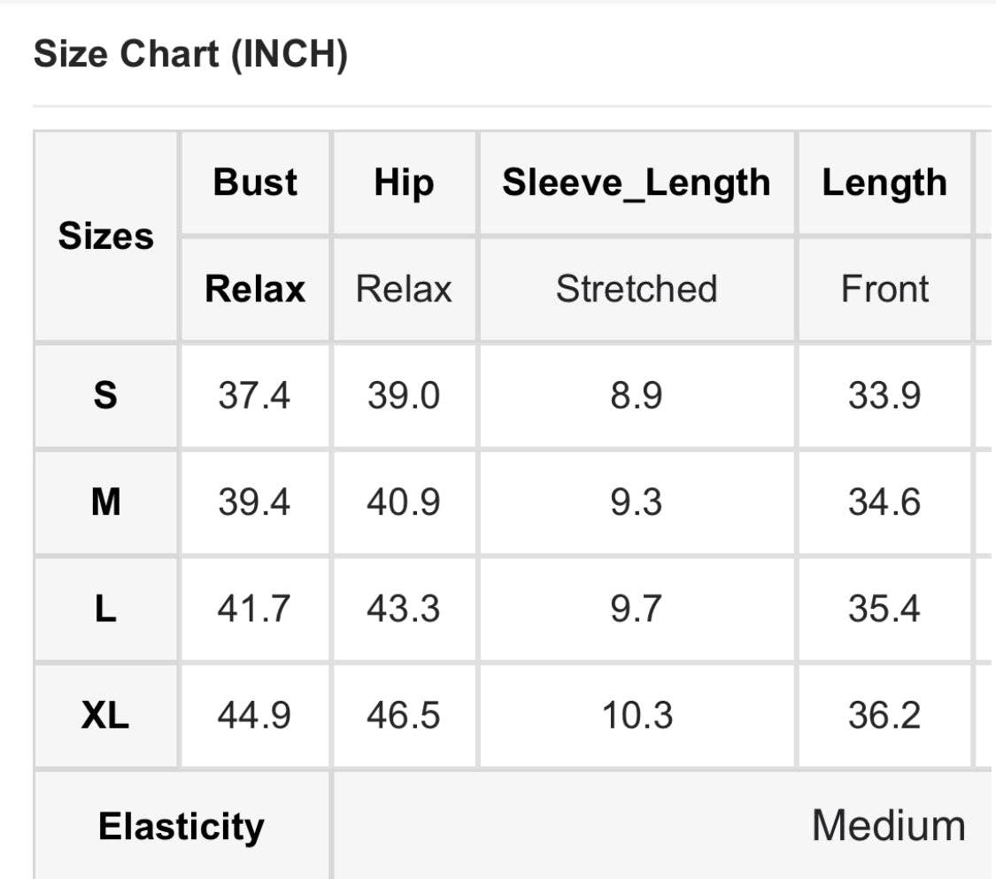sizing chart view of Ribbed T-shirt dress with large pocket from Crossed Arrows Clothing