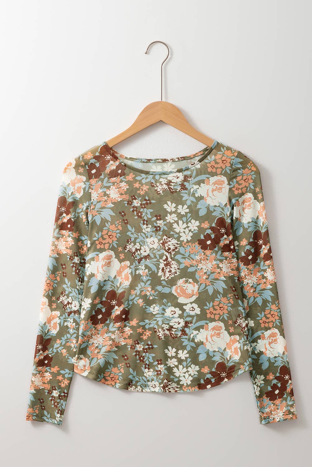Floral Print Mesh Fitted Long Sleeve Top
