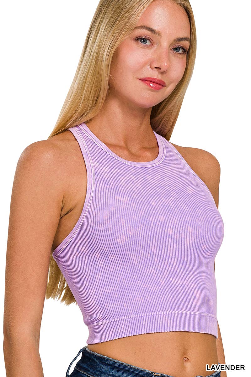 light purple view of Black Washed Ribbed Seamless High-Neck Racerback Crop Tank Top