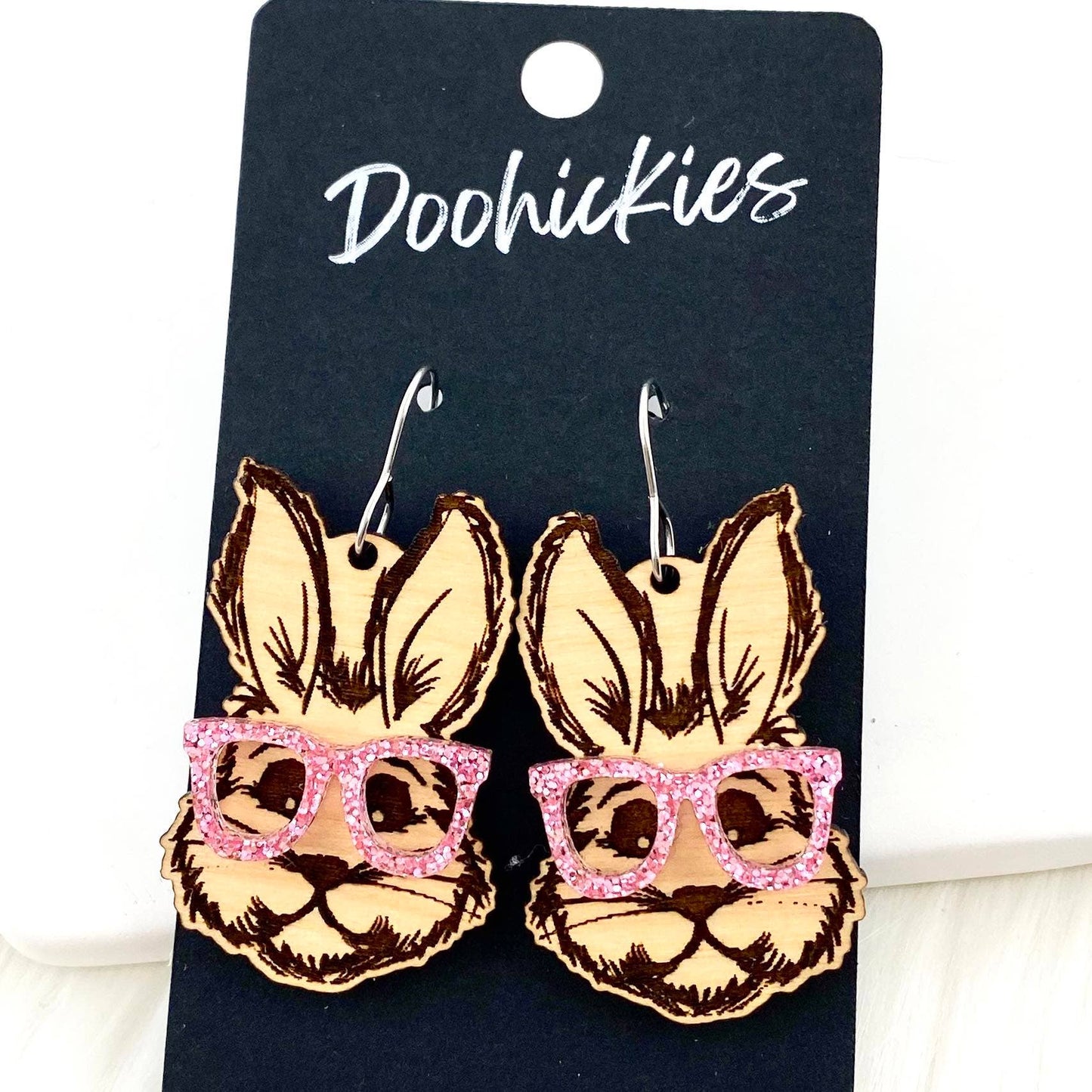 Doohickies - 1.75" Cool Bunnies -Easter Earrings: Birch Bunny & Pink Glitter Glasses