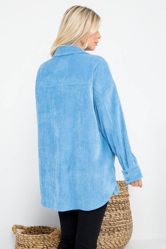 Oversized 4 Pockets Corduroy Shacket: Blue / L