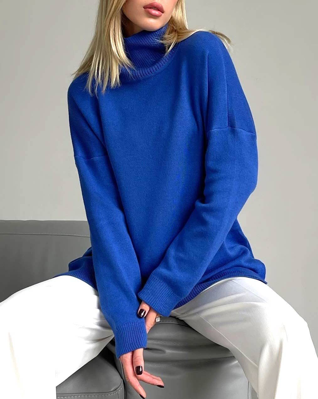 High Neck Slit Loose Knit Sweater