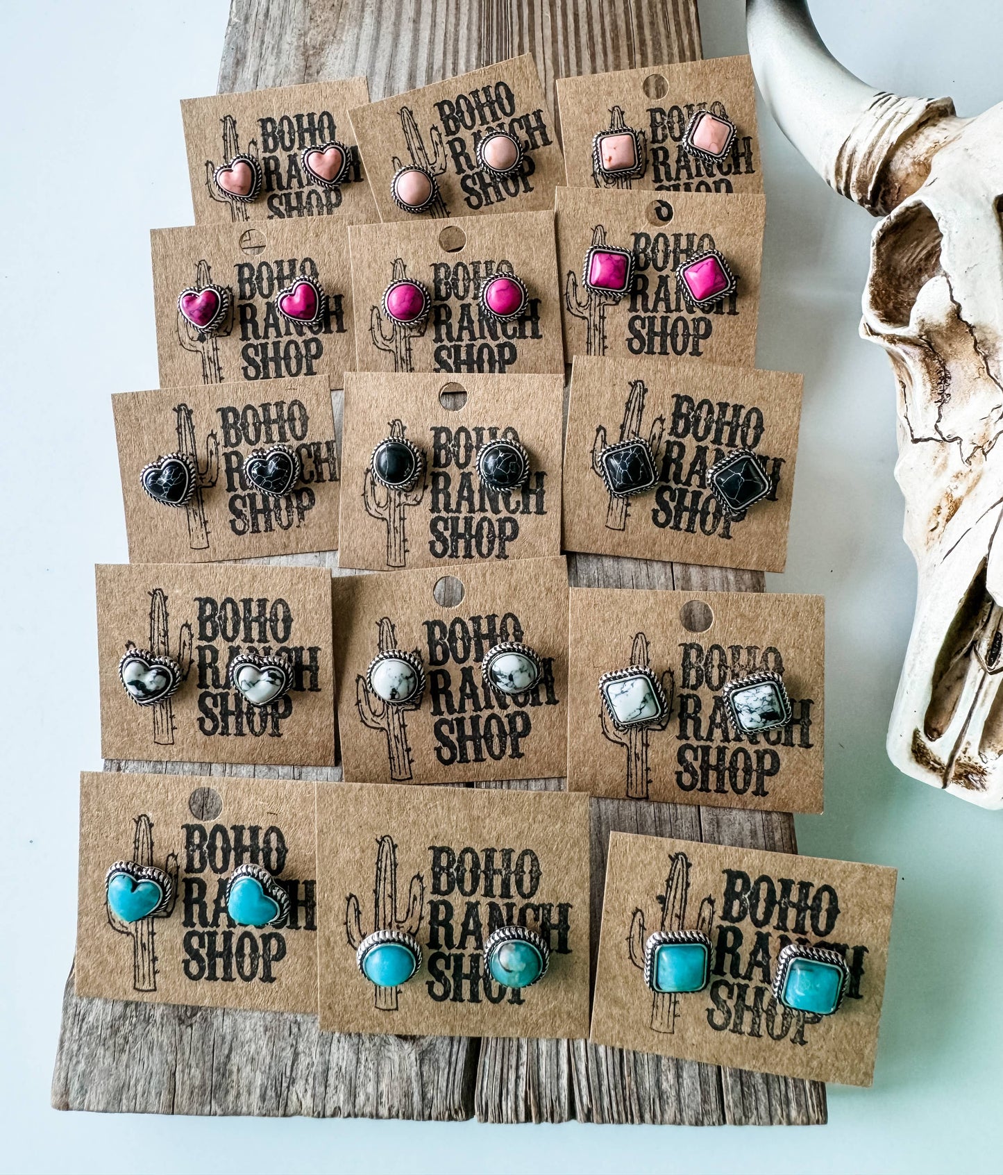 Boho Ranch Shop - Western Mini Stone Stud Earrings - Heart Square Circle Bar: SQUARE - WHITE
