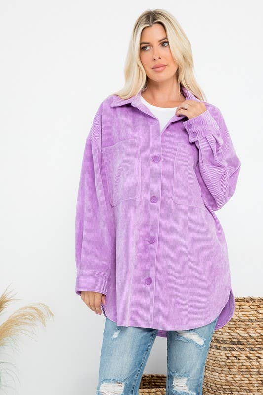 Oversized 4 Pockets Corduroy Shacket: Blue / L