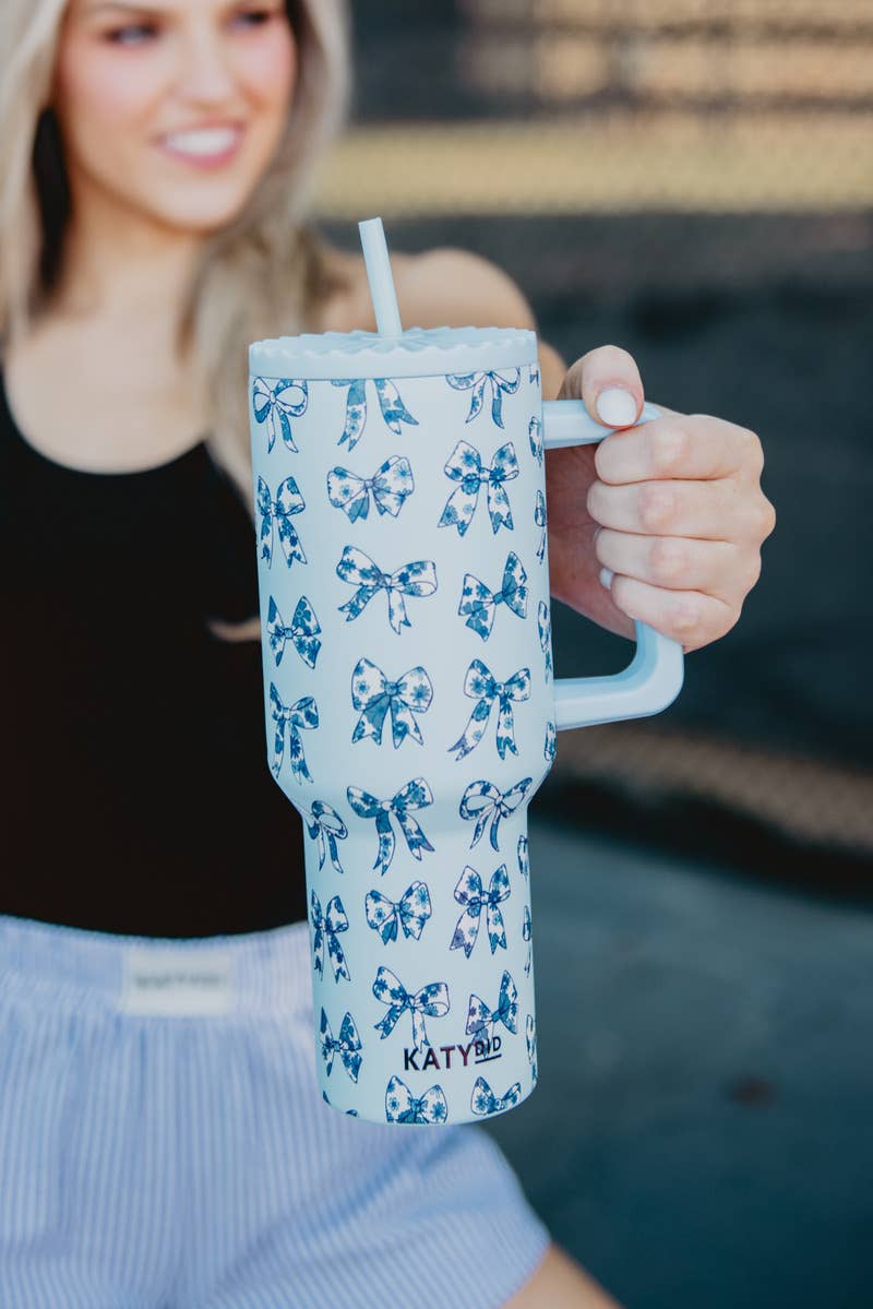 Katydid - Chinoiserie Coquette Bows 38 Oz Tumbler: Light Blue