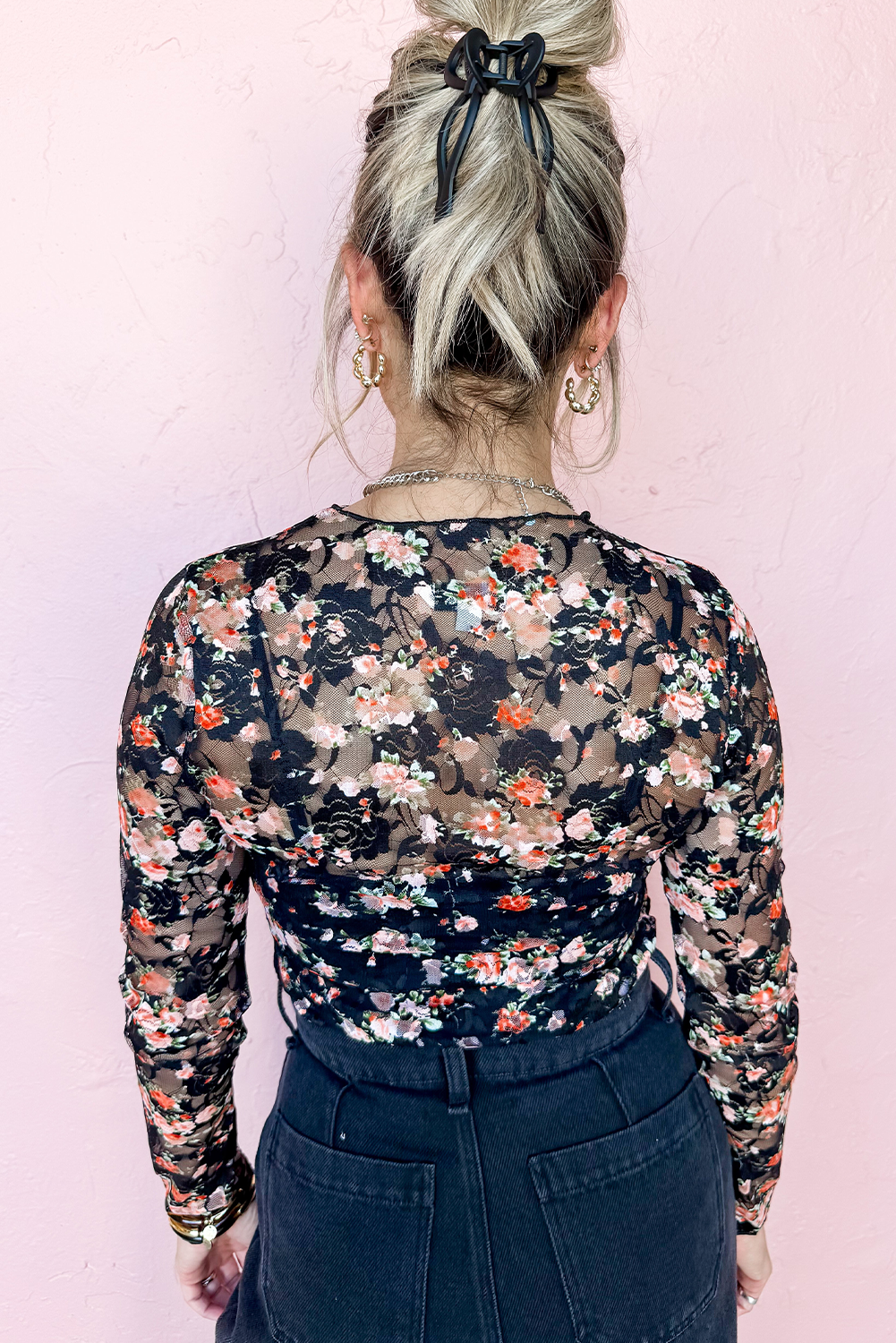 Floral Mesh Sheer Long Sleeve Top: