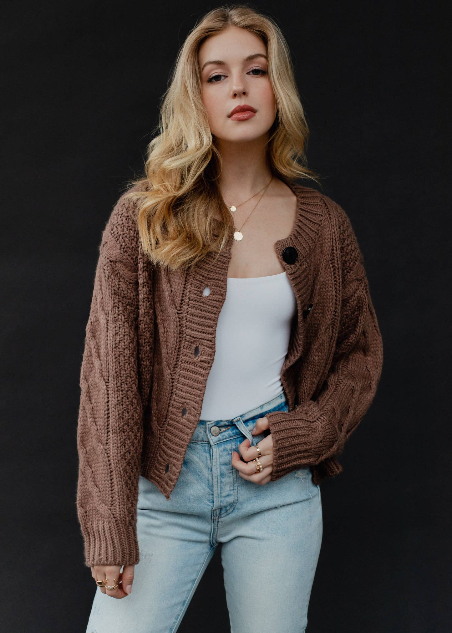 open front Brown Cropped Cardigan with Button Closure and Cable Knit Design