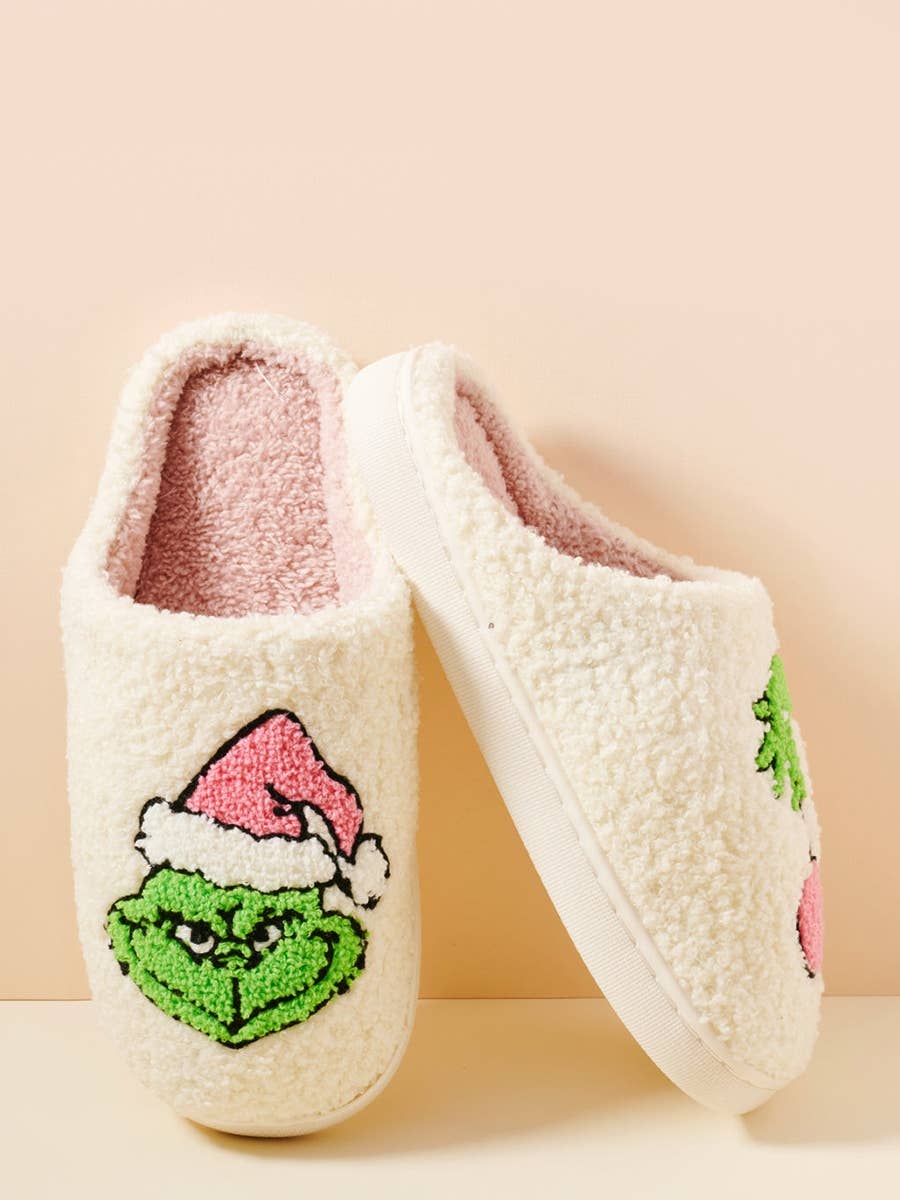 Love and Repeat - Christmas Green Monster Fuzzy Fleece Soft Slipper : IVORY / ONE