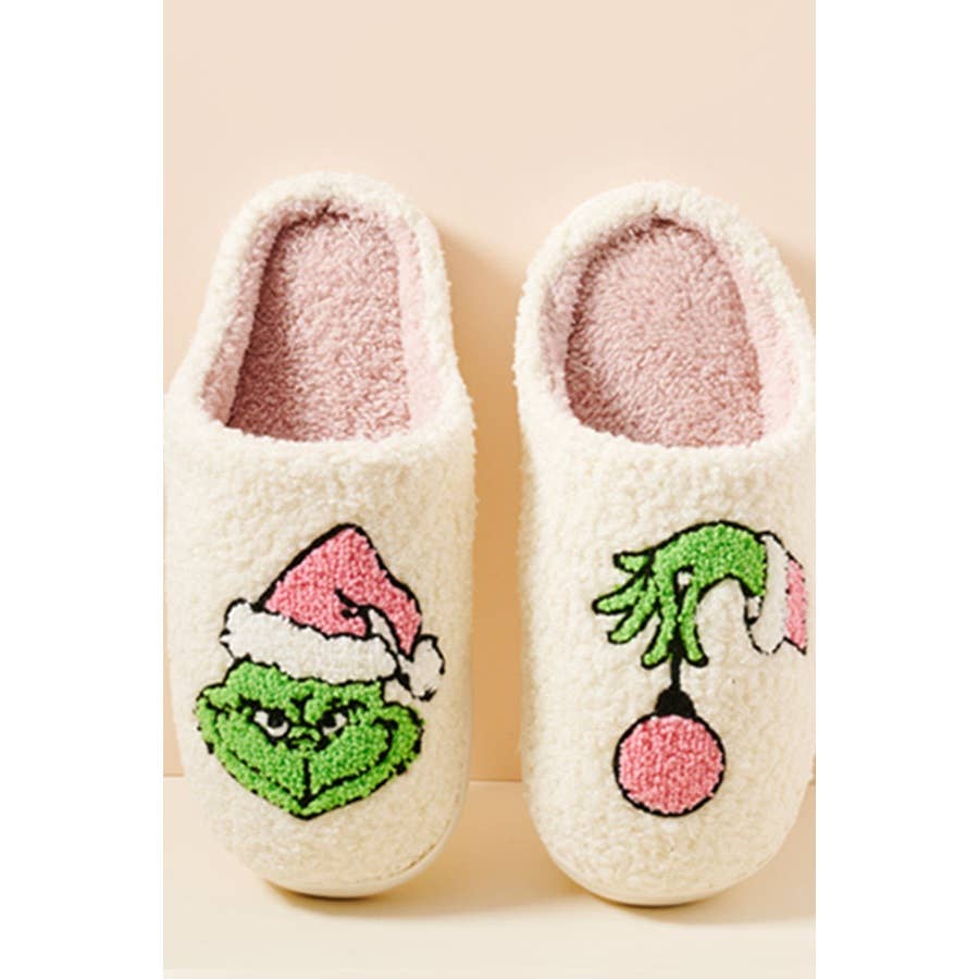 Love and Repeat - Christmas Green Monster Fuzzy Fleece Soft Slipper : IVORY / ONE