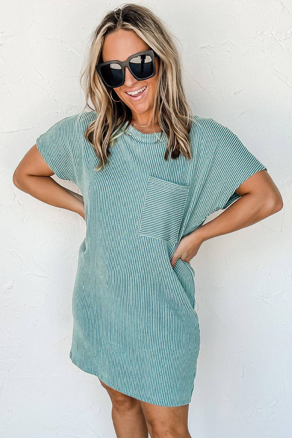 styled view of Striped ribbed knit T-shirt shift dress with patch pocket