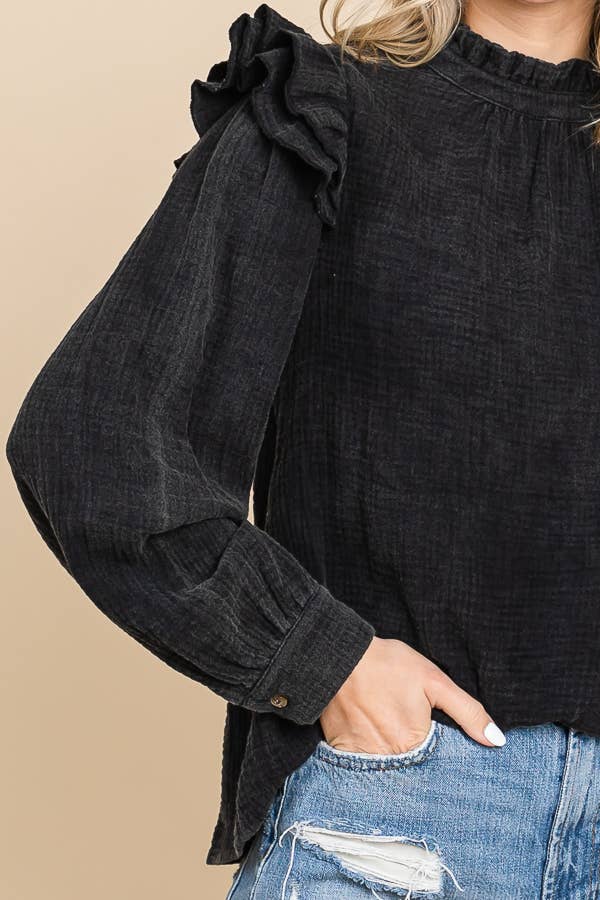 shoulder detail view of Black Mineral Wash Ruffled Sleeve Top with Long Sleeves and Romantic Ruffle Detail