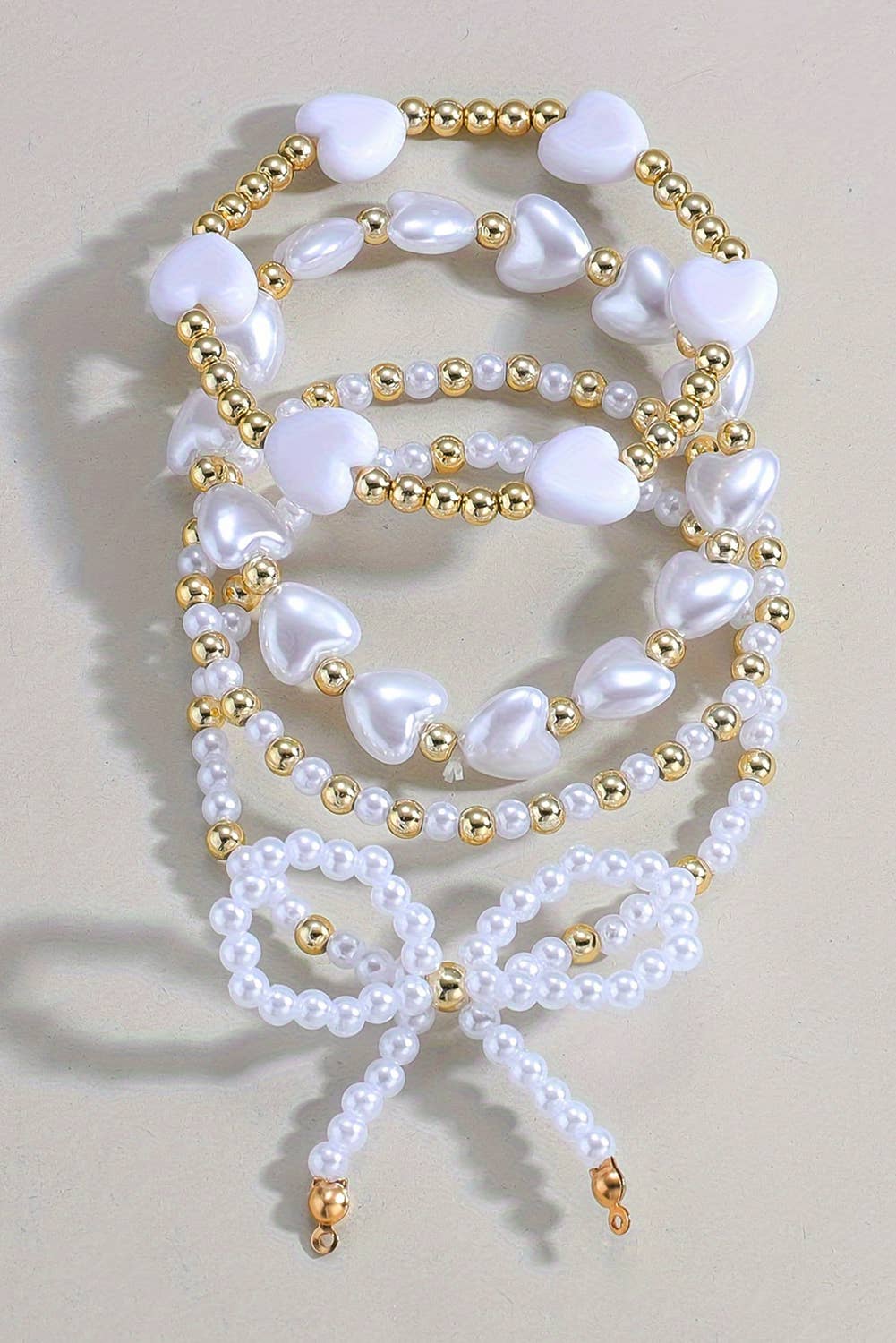 Bow Knot Heart Shape Faux Pearl Beaded Bracelet Set: White