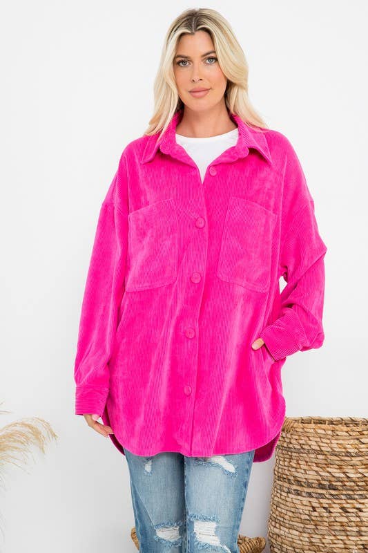 Oversized 4 Pockets Corduroy Shacket: Blue / L
