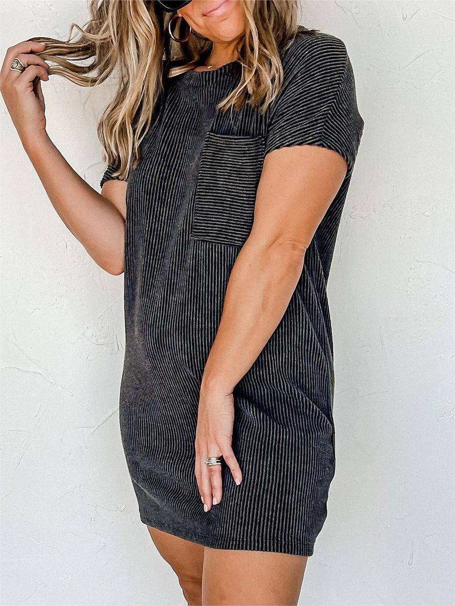 black view of Striped ribbed knit T-shirt shift dress with patch pocket