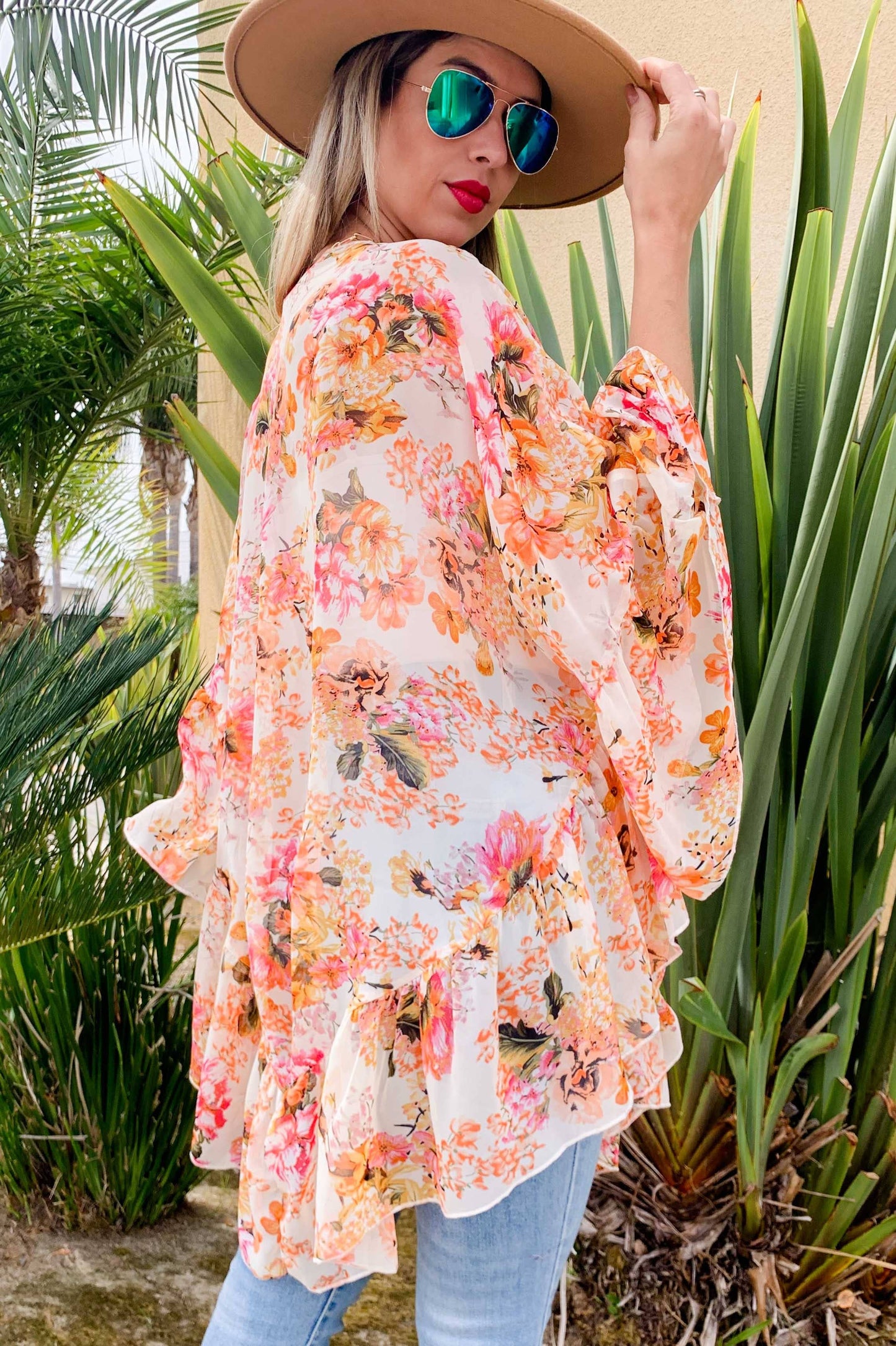 back view of Floral print ruffled sleeve chiffon kimono cardigan with limited stock