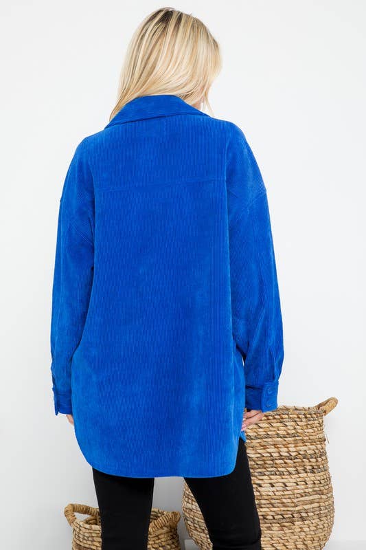 Oversized 4 Pockets Corduroy Shacket: Blue / L