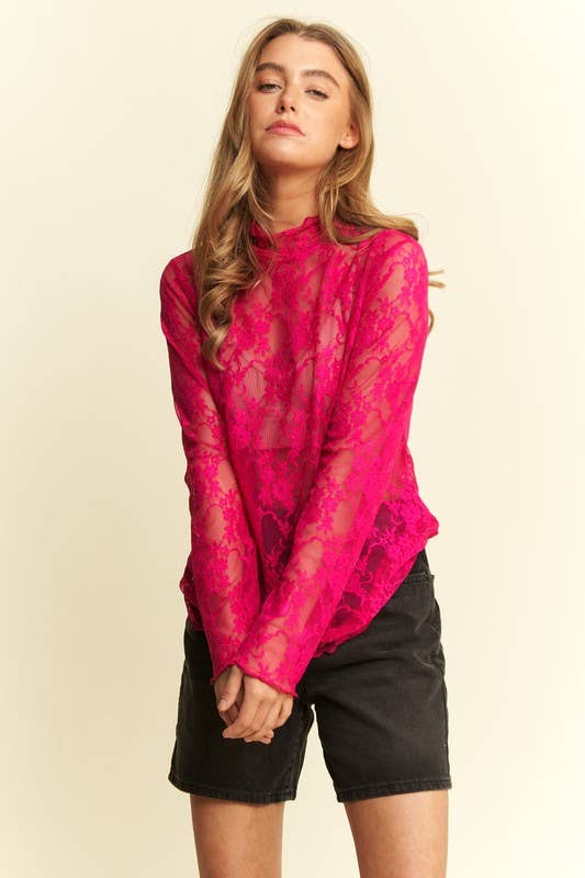 Floral Print Lace Long Sleeves Top KRT1739: FUCHSIA